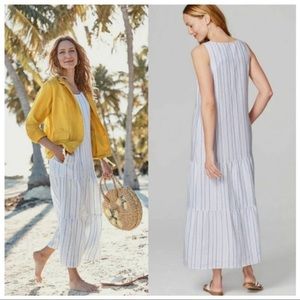 NWT J. Jill Linen Striped Blue White Scoop Neck Sleeveless Tiered Maxi Dress M